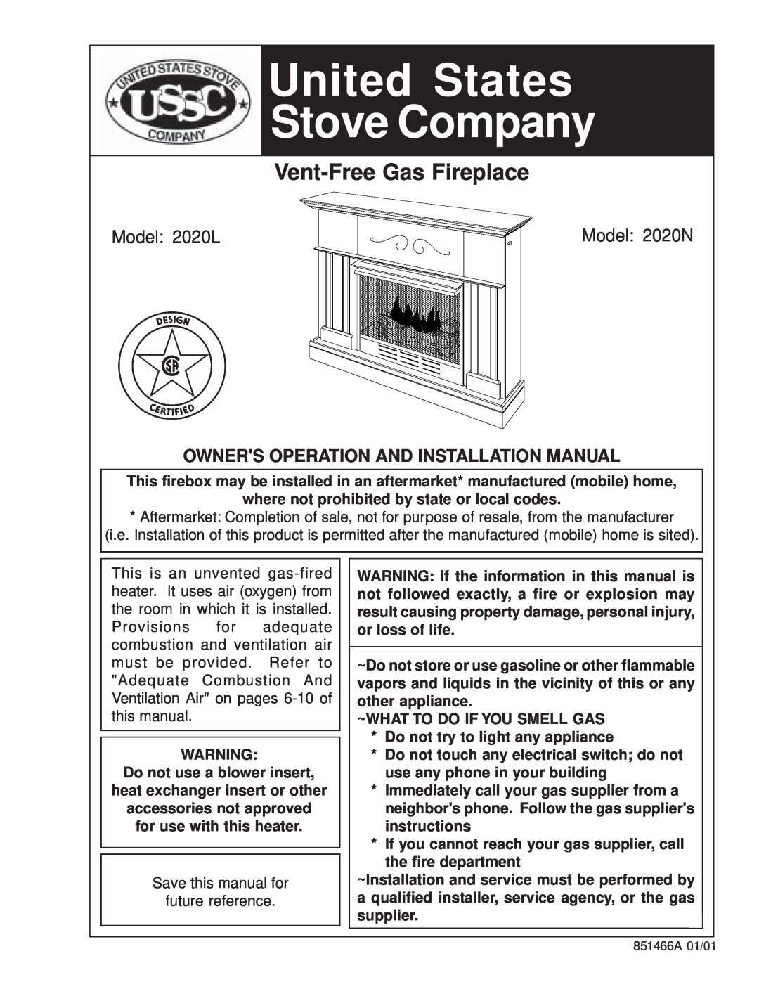United States Stove installation manual Model 2020L, Model 2020N, Owners Operation And Installation Manual 