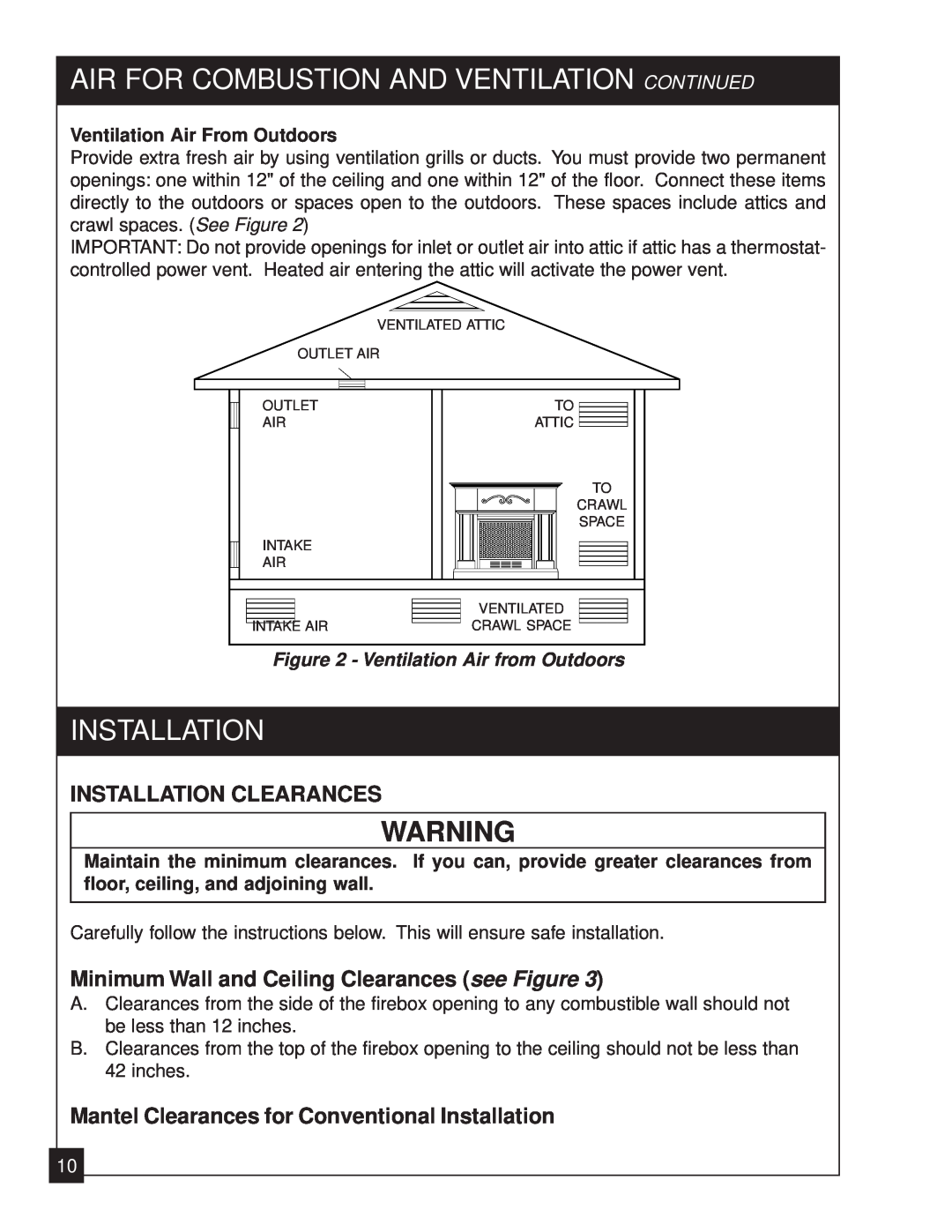 United States Stove 2020L installation manual Installation Clearances, Minimum Wall and Ceiling Clearances see Figure 