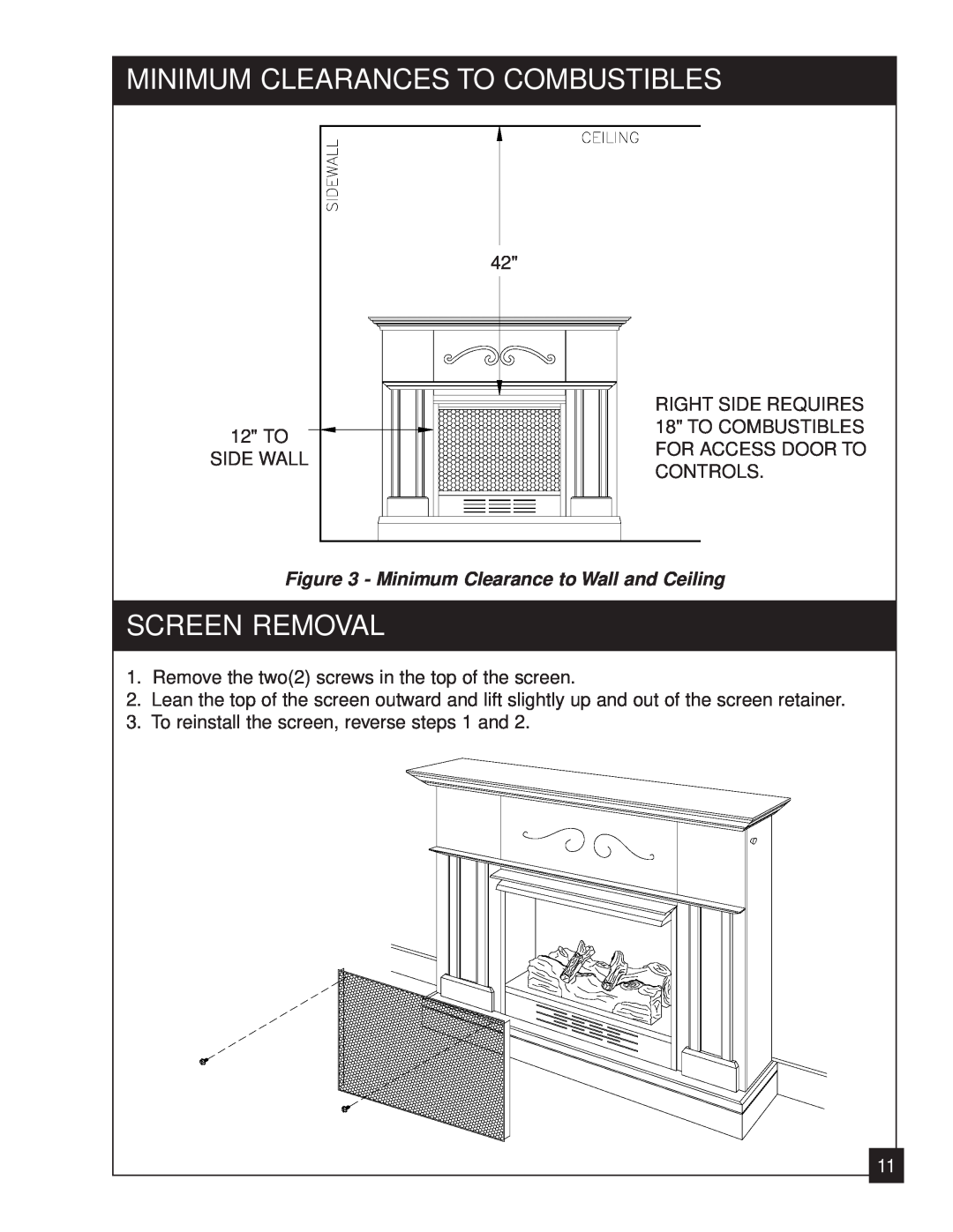 United States Stove 2020L Minimum Clearances To Combustibles, Screen Removal, Minimum Clearance to Wall and Ceiling 