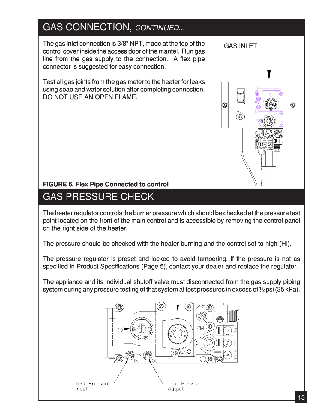 United States Stove 2020L installation manual Gas Connection, Continued, Gas Pressure Check, Flex Pipe Connected to control 
