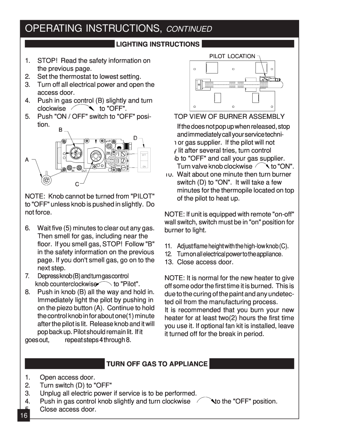 United States Stove 2020L Operating Instructions, Continued, Lighting Instructions, Turn Off Gas To Appliance 