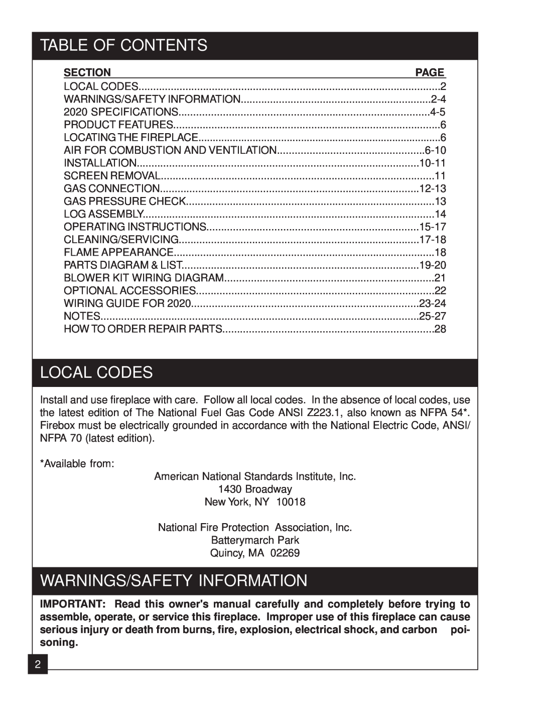 United States Stove 2020L installation manual Table Of Contents, Local Codes, Warnings/Safety Information, Section 