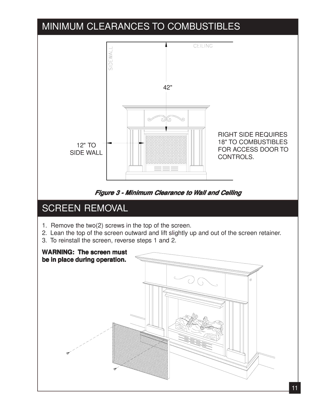 United States Stove 2020N manual Minimum Clearances to Combustibles, Screen Removal 