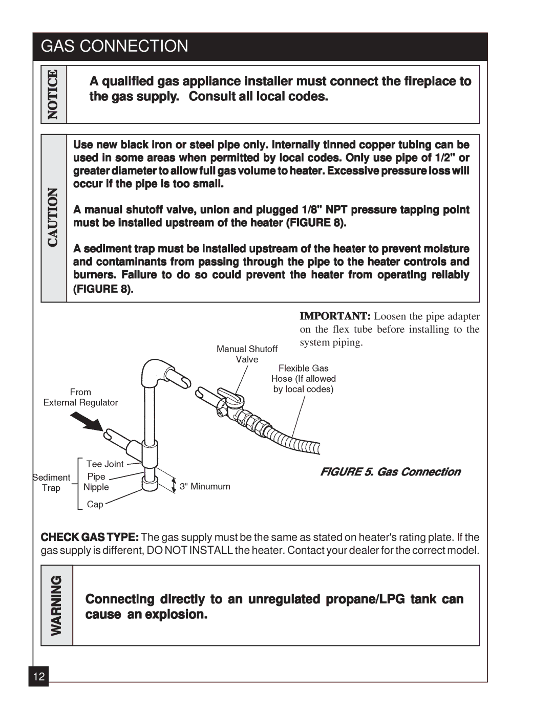 United States Stove 2020N manual GAS Connection, Gas Connection 