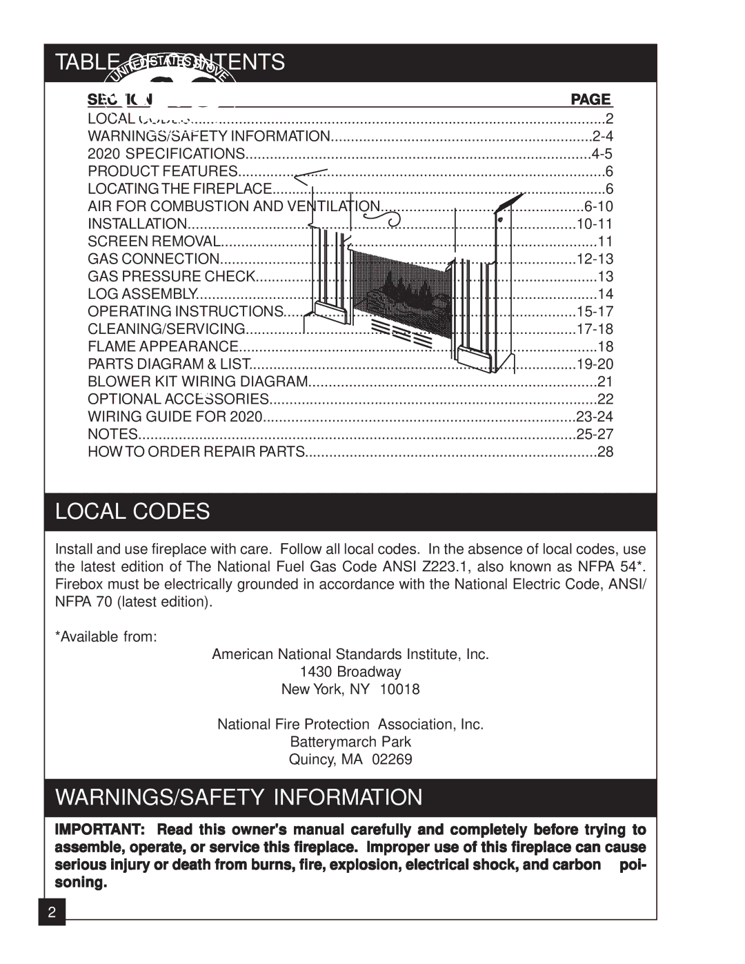 United States Stove 2020N manual Table of Contents, Local Codes 