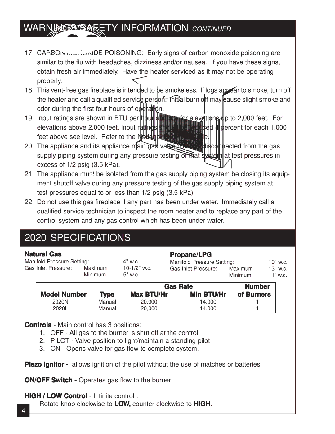 United States Stove 2020N manual Specifications, Max BTU/Hr Min BTU/Hr Burners 