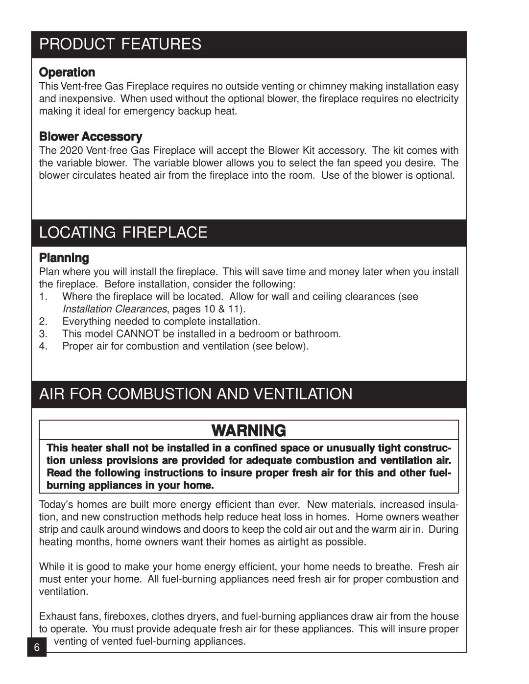 United States Stove 2020N manual Product Features, Locating Fireplace, AIR for Combustion and Ventilation 