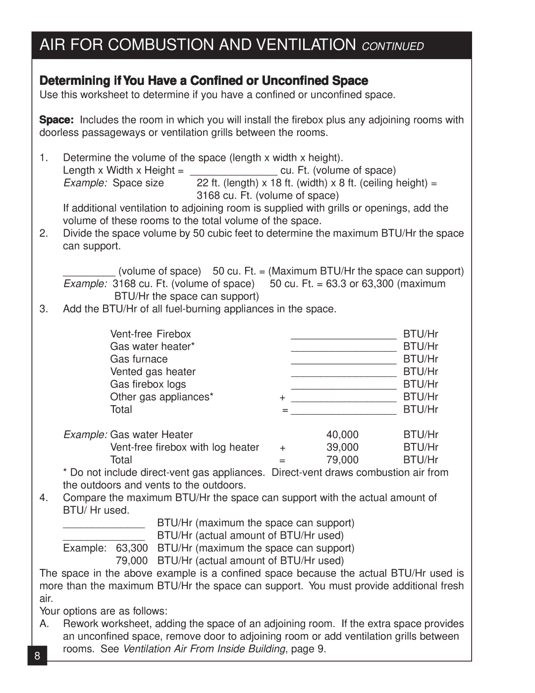 United States Stove 2020N manual Determining ifYou Have a Confined or Unconfined Space 