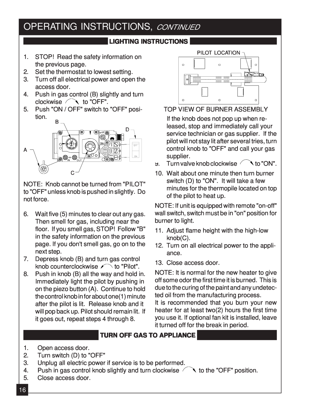 United States Stove 2020N manual Operating Instructions, Continued, Lighting Instructions, Turn Off Gas To Appliance 