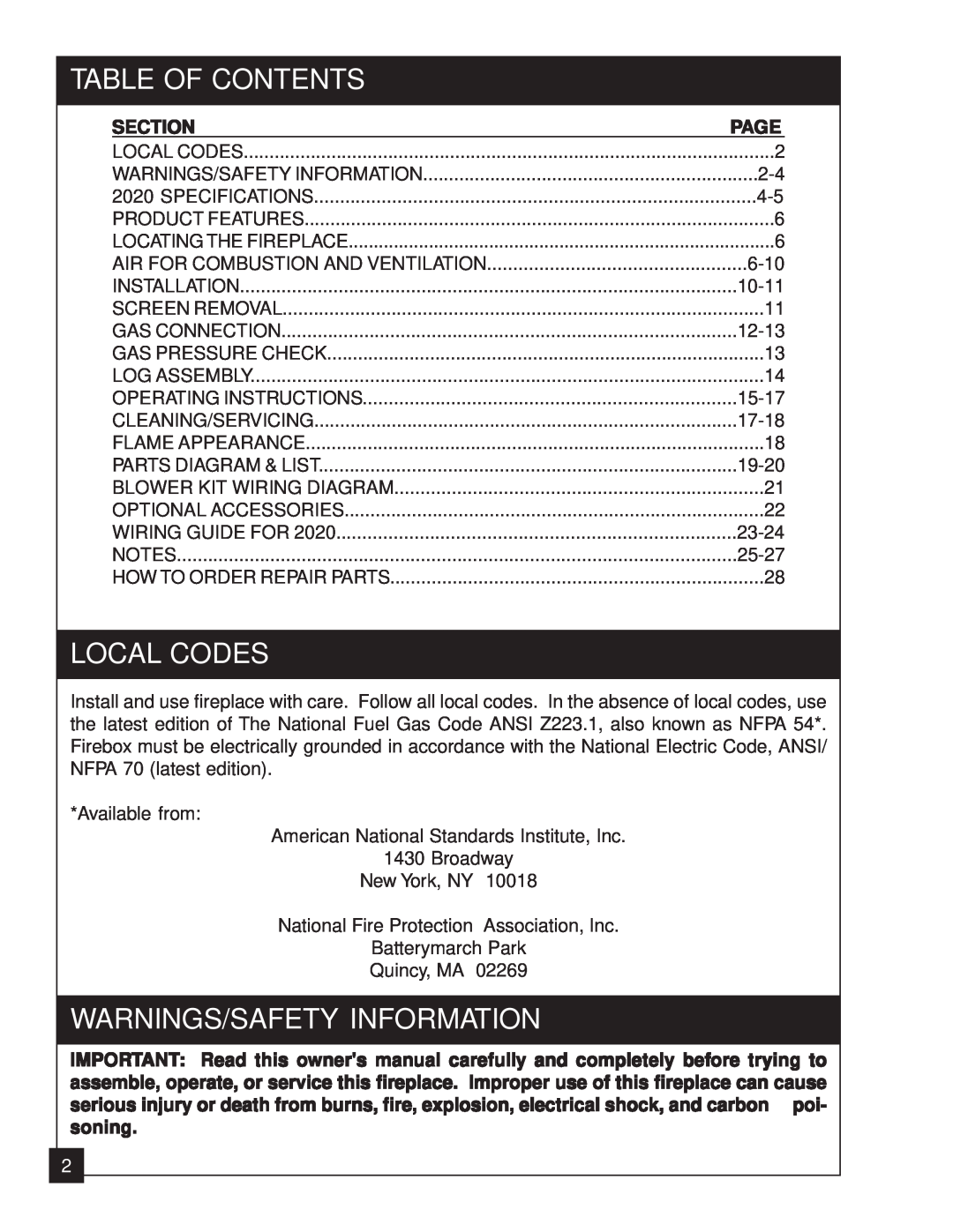 United States Stove 2020N manual Table Of Contents, Local Codes, Warnings/Safety Information, Section 