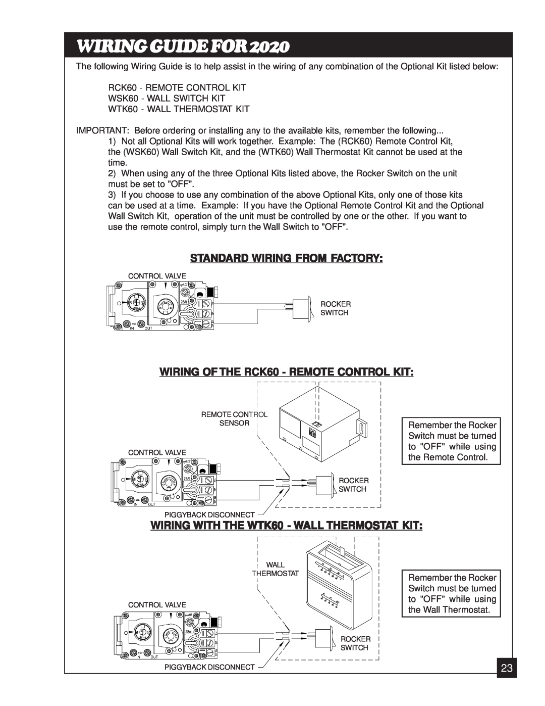 United States Stove 2020N manual Standard Wiring From Factory, WIRING OF THE RCK60 - REMOTE CONTROL KIT, WIRINGGUIDEFOR2020 