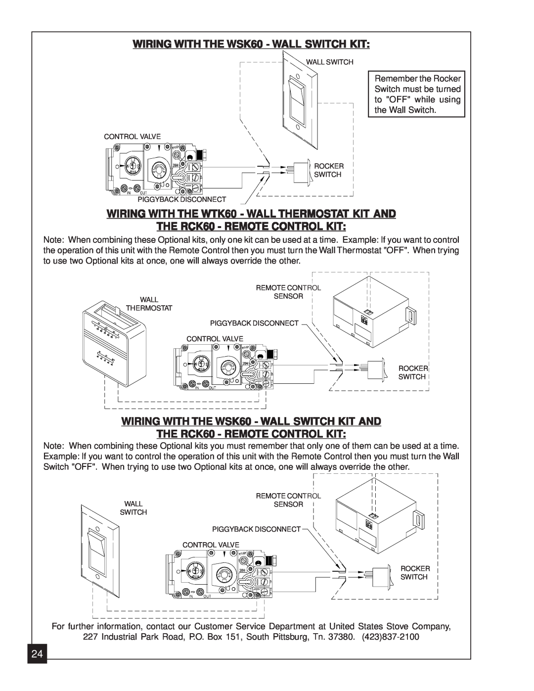 United States Stove 2020N manual WIRING WITH THE WSK60 - WALL SWITCH KIT, WIRING WITH THE WTK60 - WALL THERMOSTAT KIT AND 