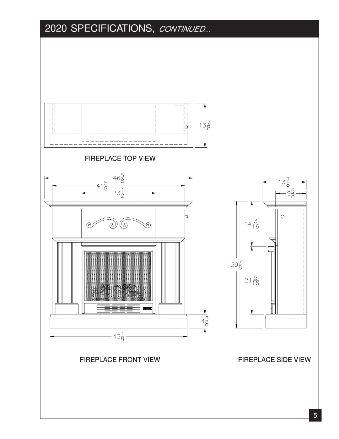 United States Stove 2020N manual Specifications, Continued, Fireplace Top View, Fireplace Front View, Fireplace Side View 