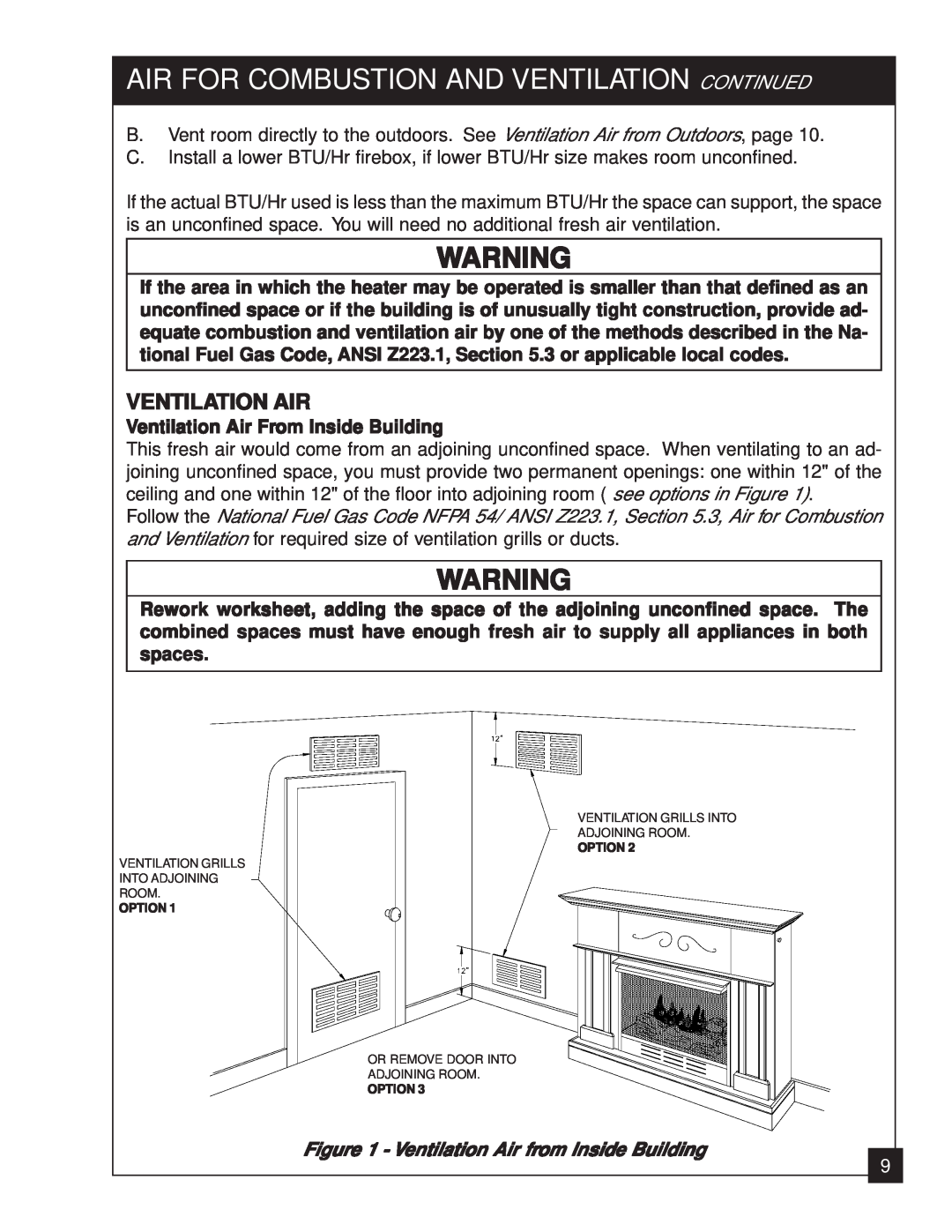 United States Stove 2020N manual Ventilation Air From Inside Building, Ventilation Air from Inside Building 