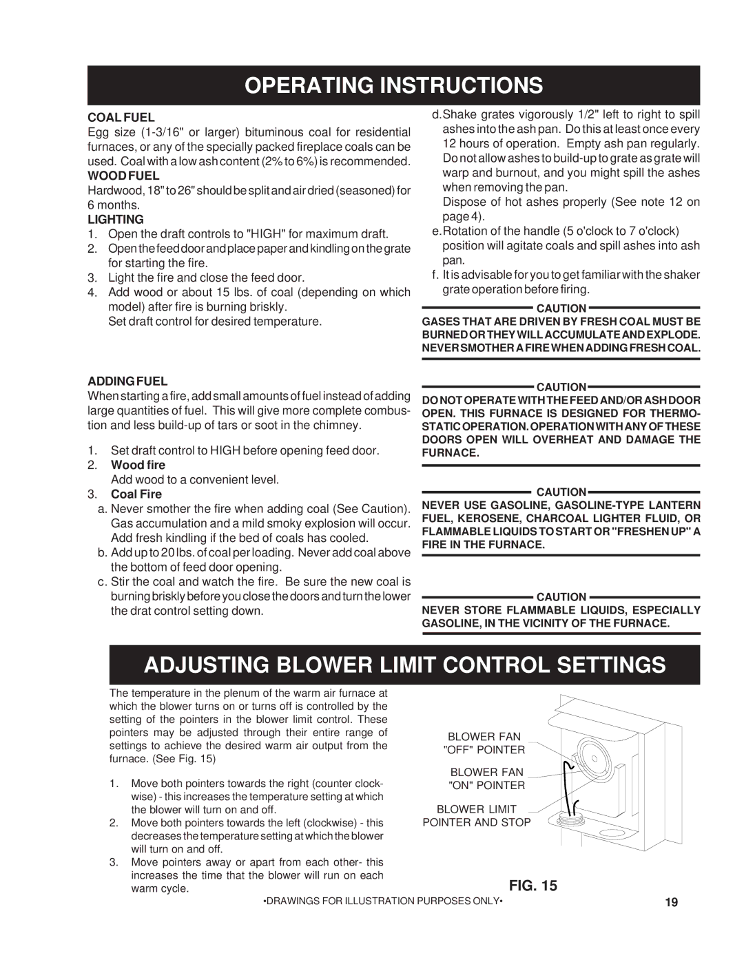 United States Stove 22AF owner manual Operating Instructions, Adjusting Blower Limit Control Settings 