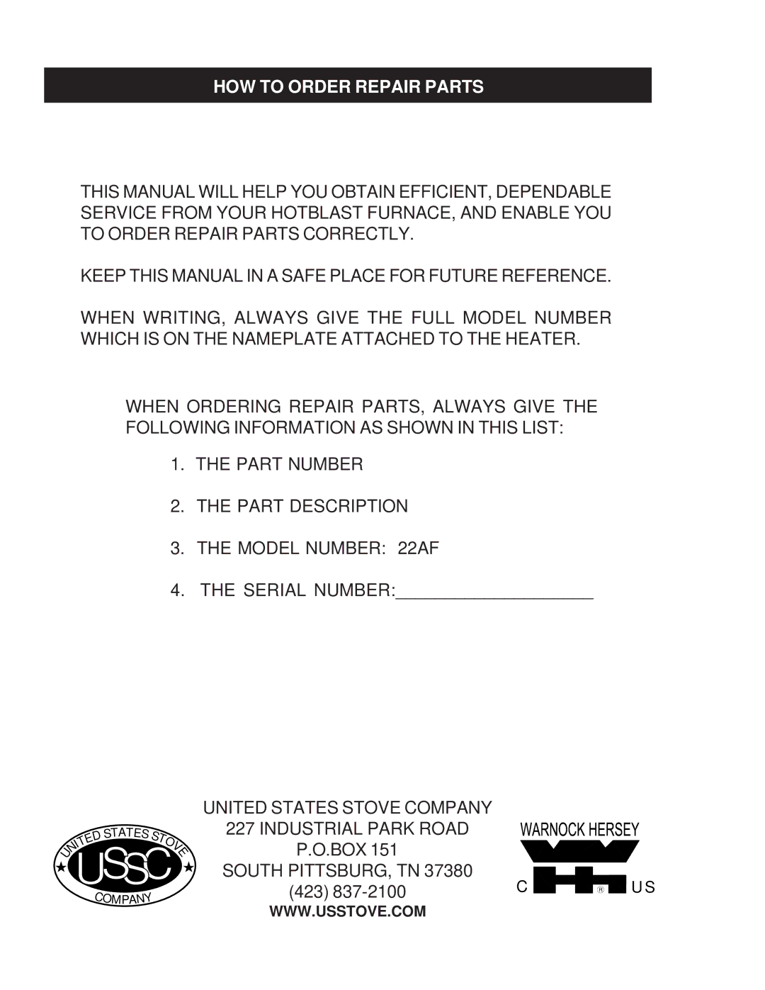 United States Stove 22AF owner manual HOW to Order Repair Parts 