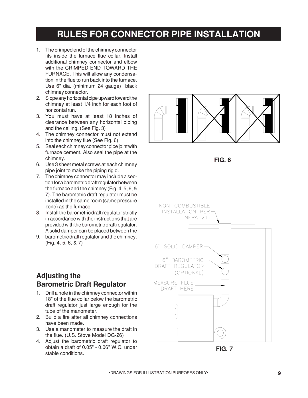 United States Stove 22AF owner manual Rules for Connector Pipe Installation, Adjusting Barometric Draft Regulator 