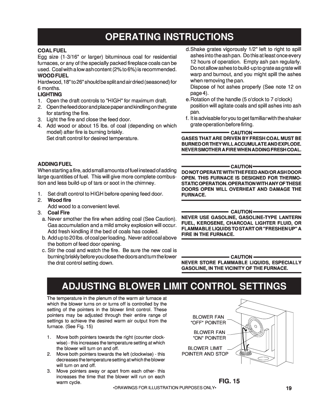 United States Stove 22AF Operating Instructions, Adjusting Blower Limit Control Settings, Coal Fuel, Wood Fuel, Lighting 