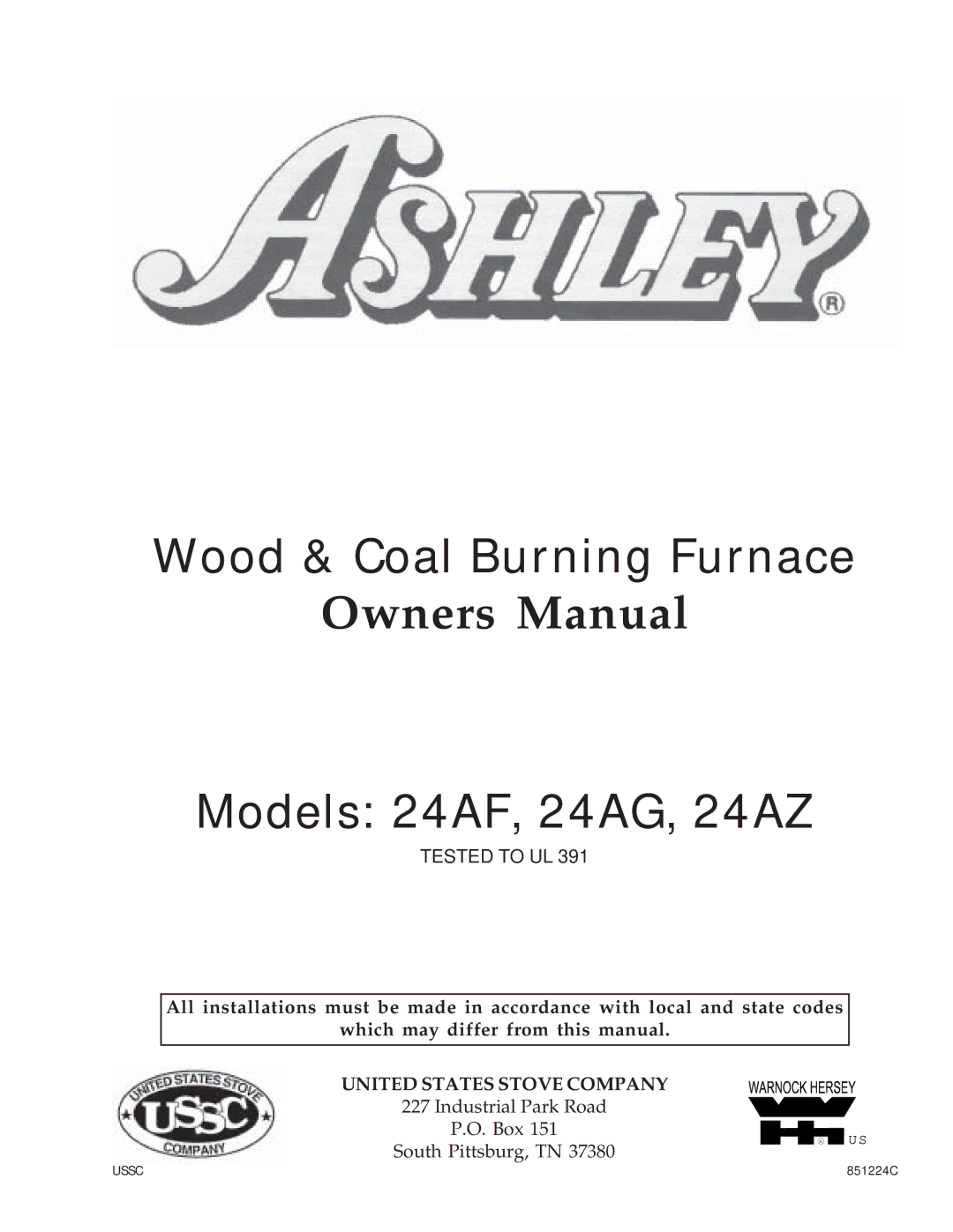 United States Stove owner manual Wood & Coal Burning Furnace Models 24AF, 24AG, 24AZ 