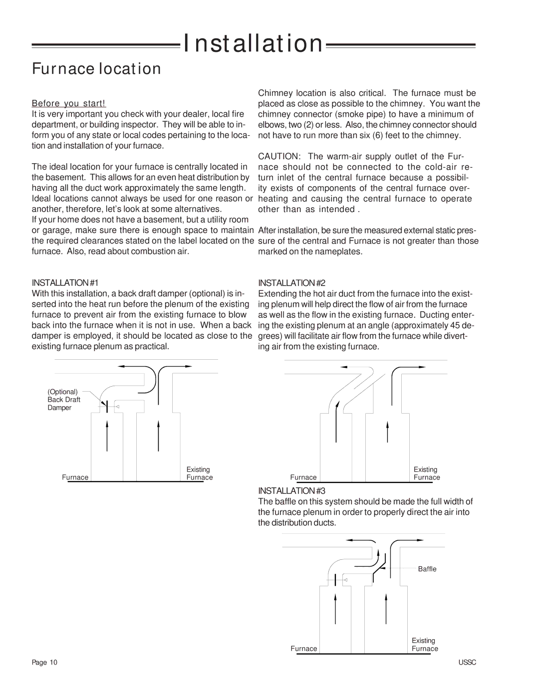 United States Stove 24AF, 24AG, 24AZ owner manual Installation, Furnace location 