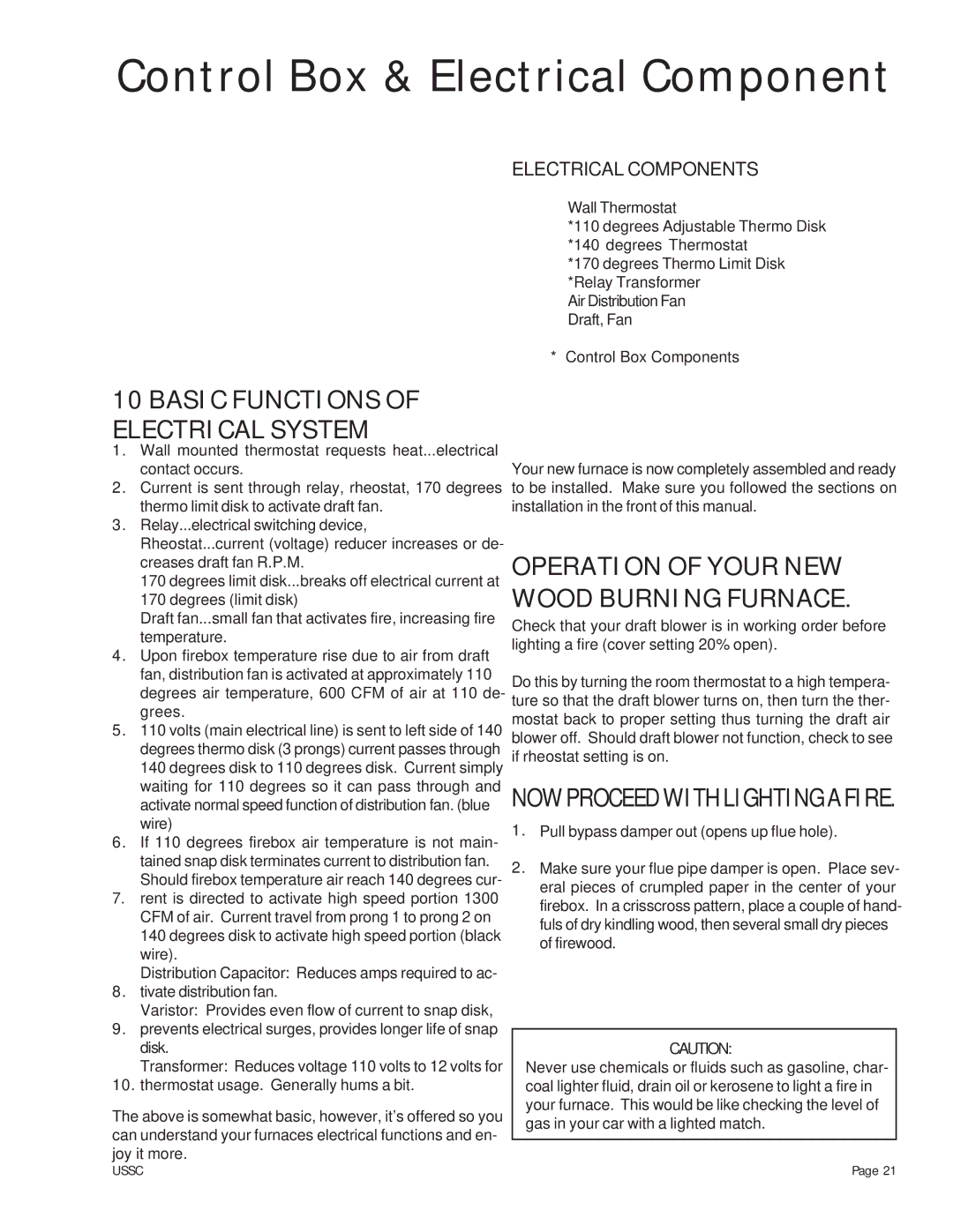 United States Stove 24AG, 24AF, 24AZ owner manual Control Box & Electrical Component, Basic Functions of Electrical System 