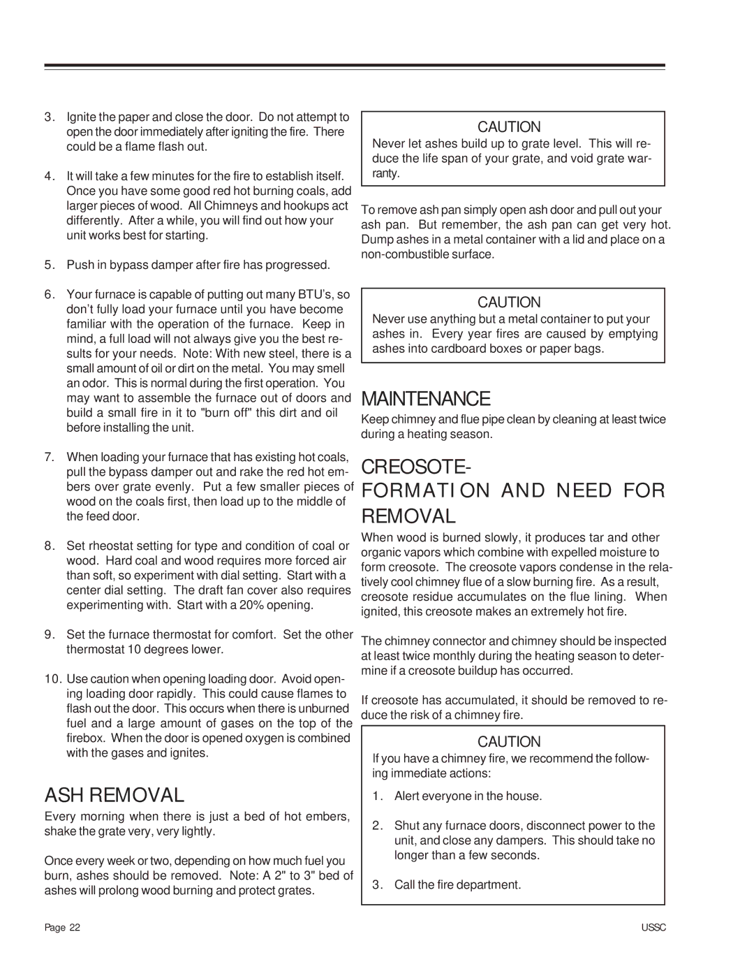 United States Stove 24AF, 24AG, 24AZ owner manual ASH Removal, Creosote Formation and Need for Removal 