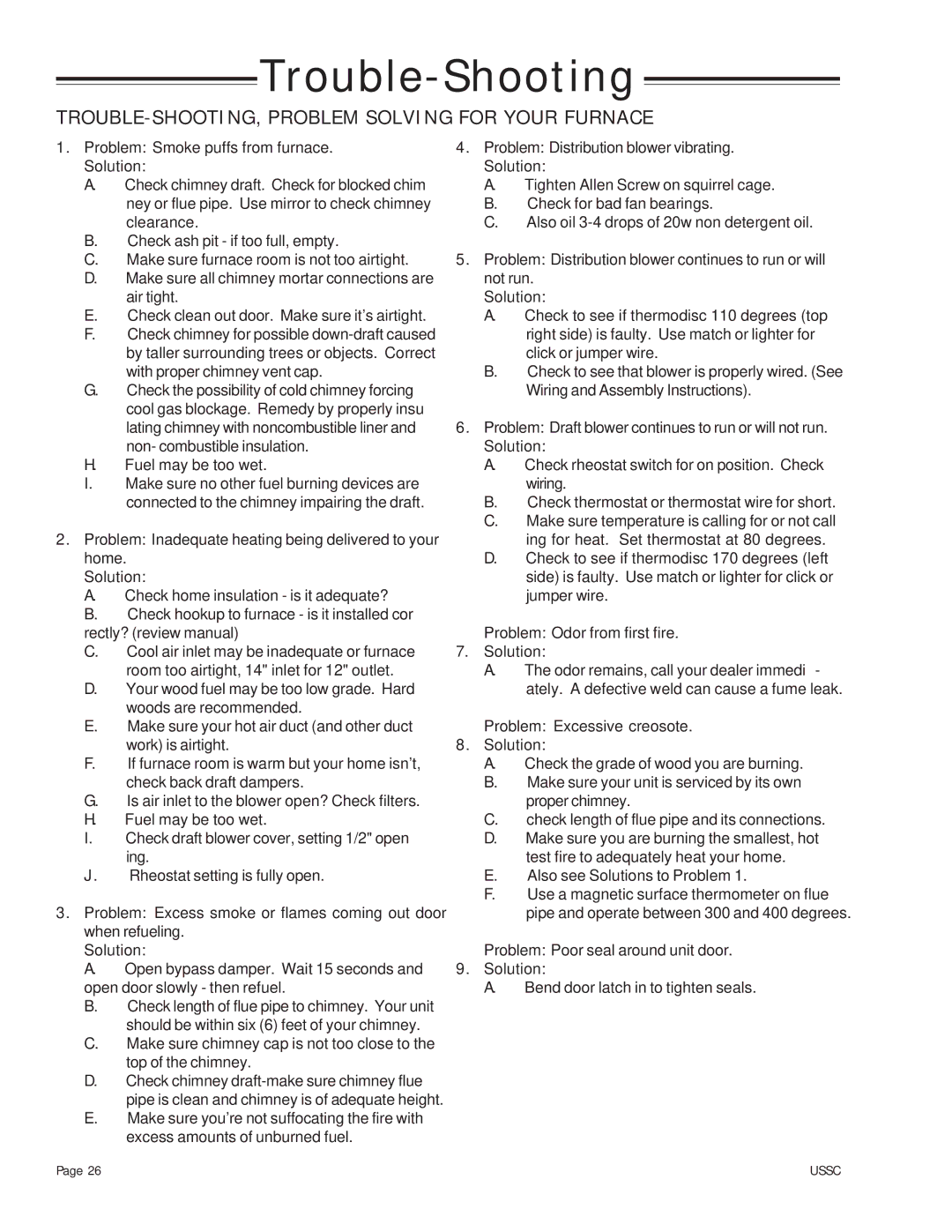 United States Stove 24AZ, 24AG, 24AF owner manual Trouble-Shooting, TROUBLE-SHOOTING, Problem Solving for Your Furnace 