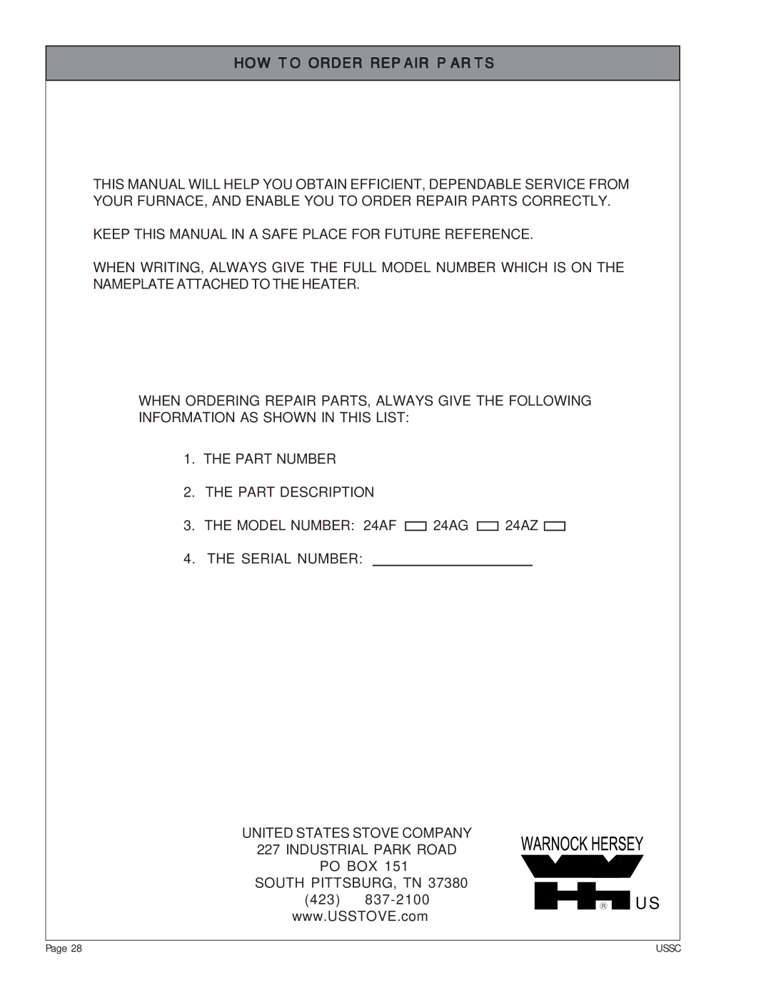 United States Stove 24AF, 24AG, 24AZ owner manual United States Stove Company Industrial Park Road 