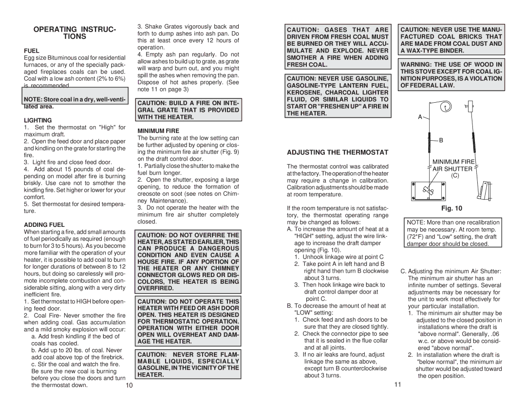 United States Stove 2827 owner manual Operating Instruc Tions, Adjusting the Thermostat 