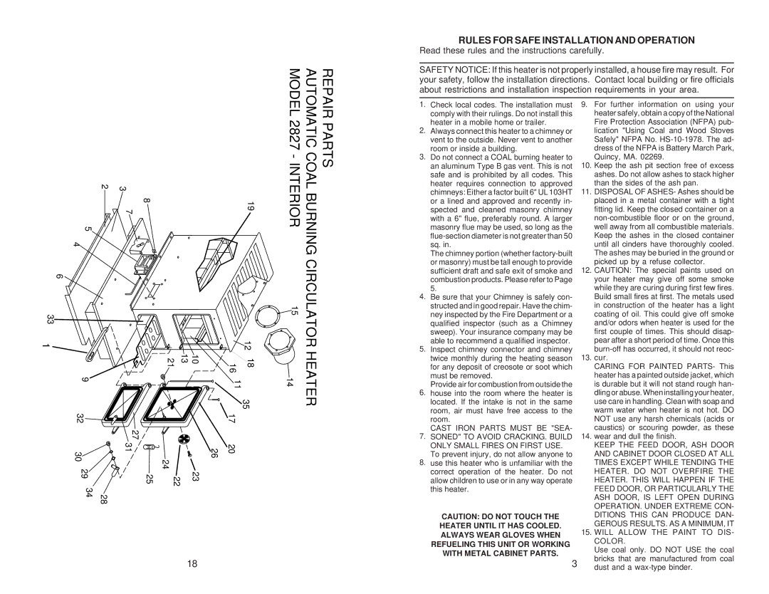 United States Stove 2827 owner manual Heater, Rules for Safe Installation and Operation 