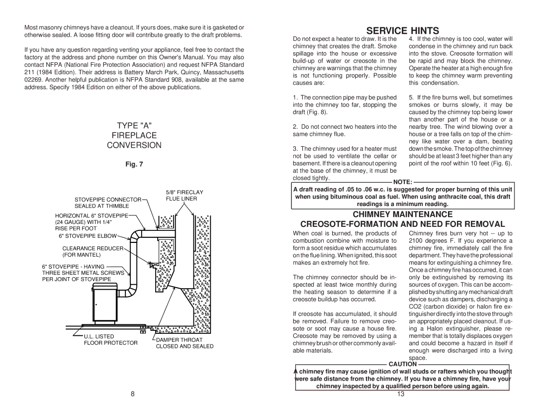 United States Stove 2827 owner manual Service Hints, Chimney Maintenance CREOSOTE-FORMATION and Need for Removal 