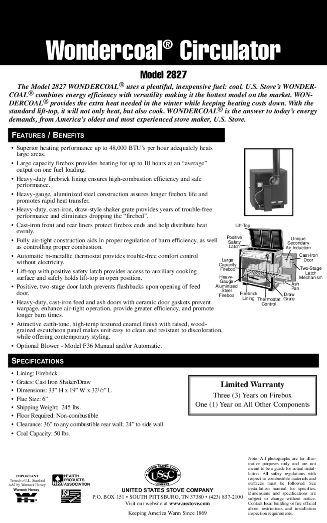 United States Stove 2827 manual Wondercoal Circulator, Model, Limited Warranty 