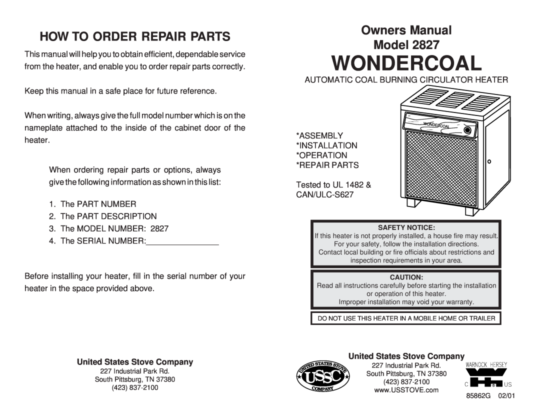 United States Stove 2827 owner manual United States Stove Company, Wondercoal, Ussc, How To Order Repair Parts 