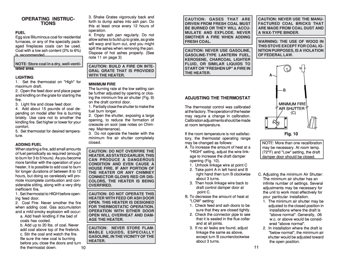 United States Stove 2827 owner manual Operating Instruc Tions, Adjusting The Thermostat 