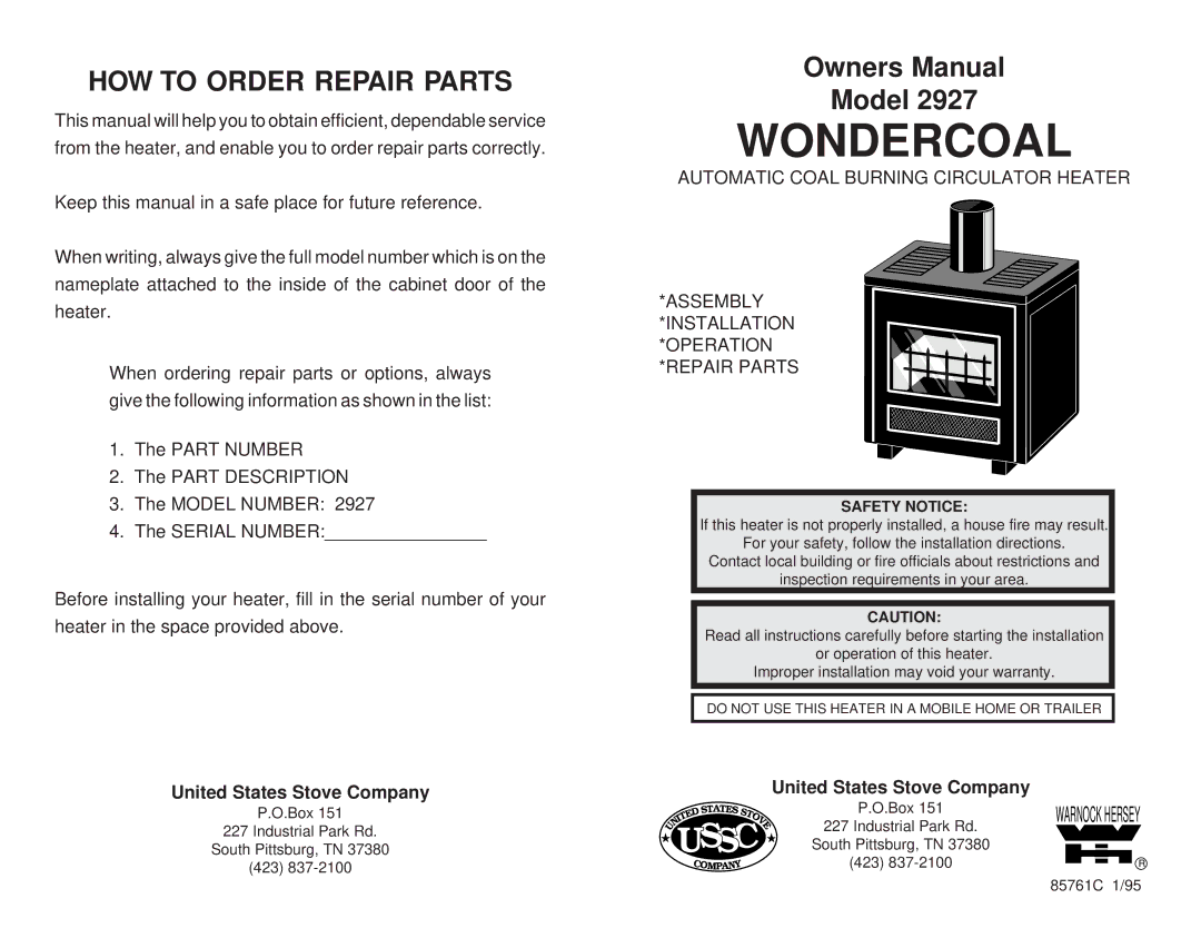 United States Stove 2927 owner manual HOW to Order Repair Parts, Safety Notice 