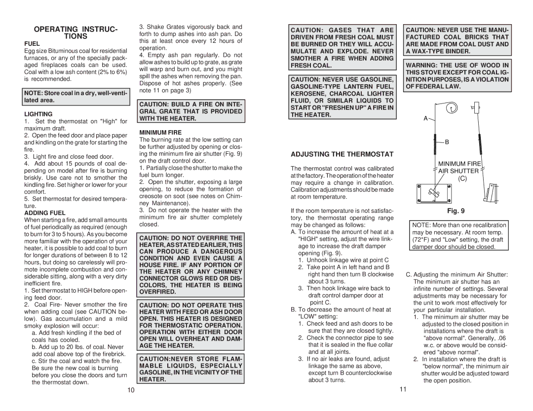 United States Stove 2927 owner manual Operating Instruc Tions, Adjusting the Thermostat 