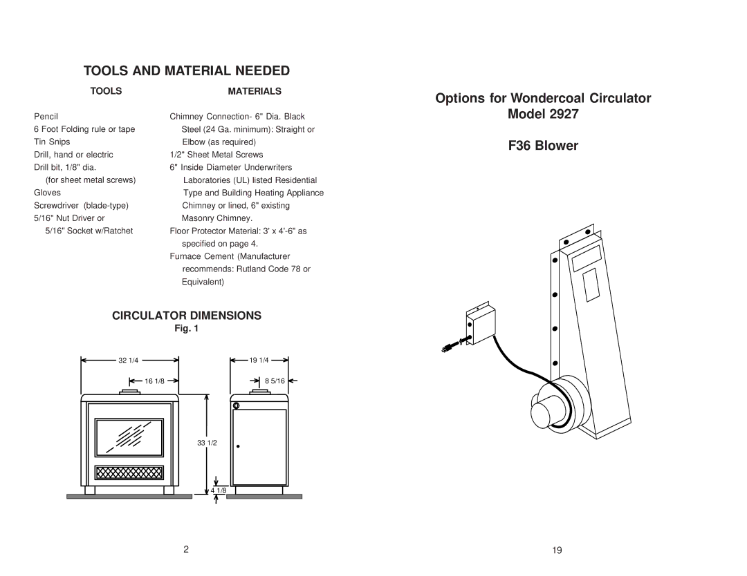 United States Stove 2927 owner manual Tools and Material Needed, Circulator Dimensions, Tools Materials 