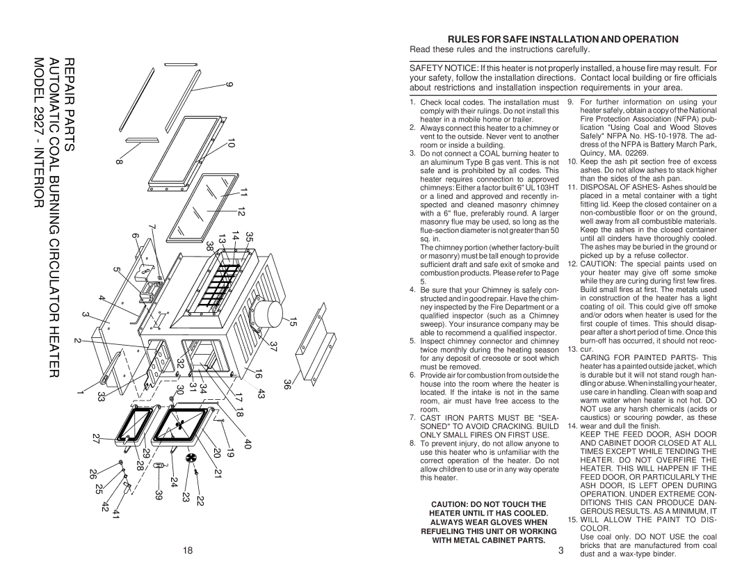 United States Stove 2927 owner manual Rules for Safe Installation and Operation, Cur 
