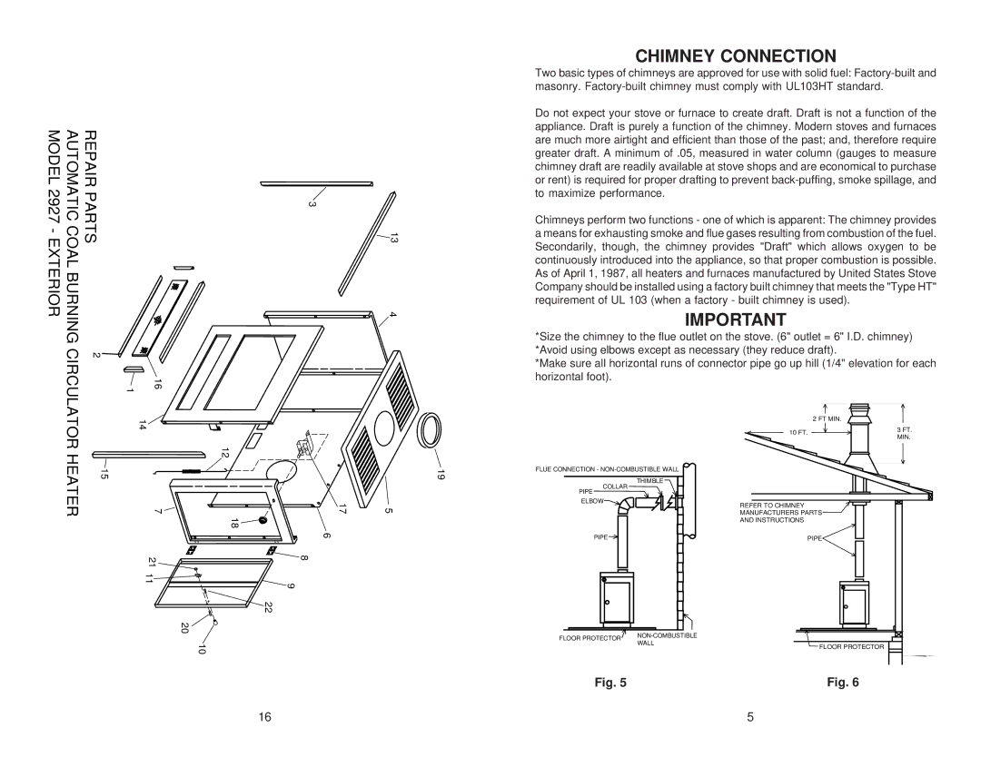 United States Stove 2927 owner manual Chimney Connection, Heater 