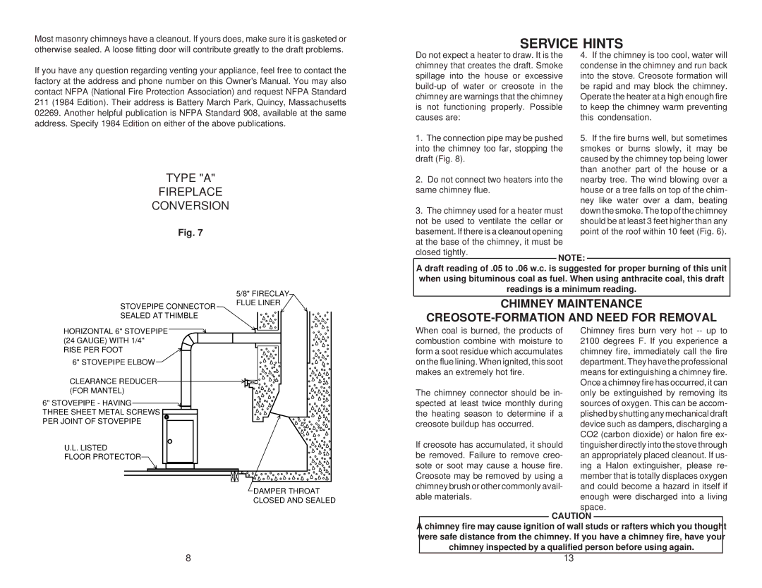 United States Stove 2927 owner manual Service Hints, Chimney Maintenance CREOSOTE-FORMATION and Need for Removal 