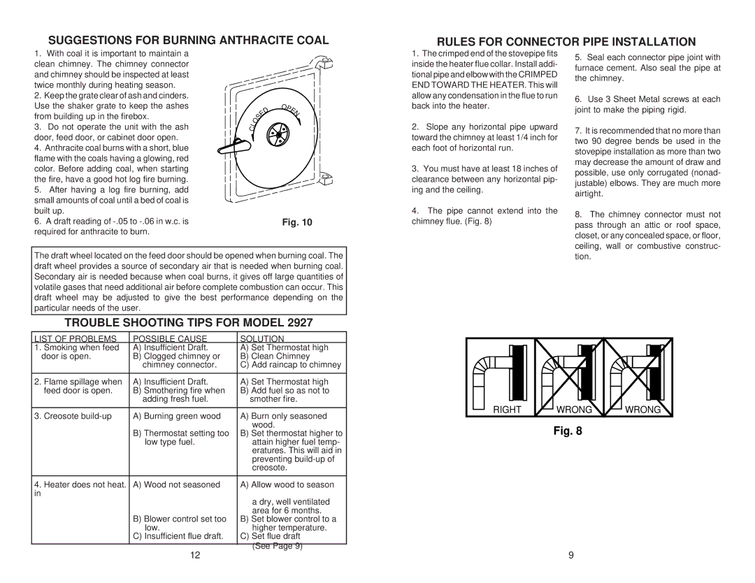 United States Stove 2927 owner manual Trouble Shooting Tips for Model, Two 90 degree bends be used 