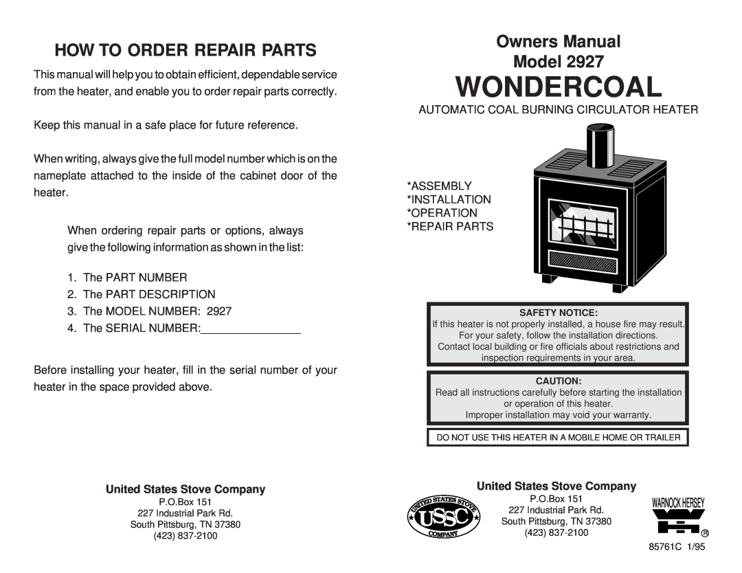 United States Stove 2927 owner manual United States Stove Company, Wondercoal, Ussc, How To Order Repair Parts 