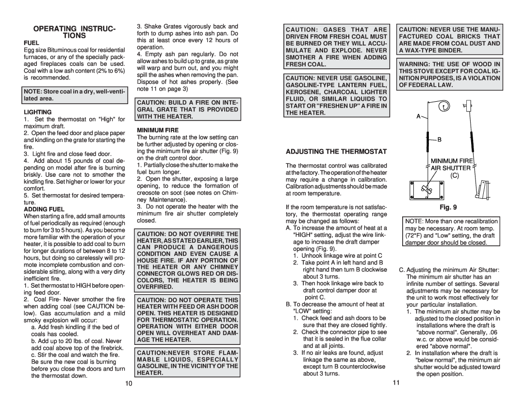 United States Stove 2927 owner manual Operating Instruc Tions, Adjusting The Thermostat 