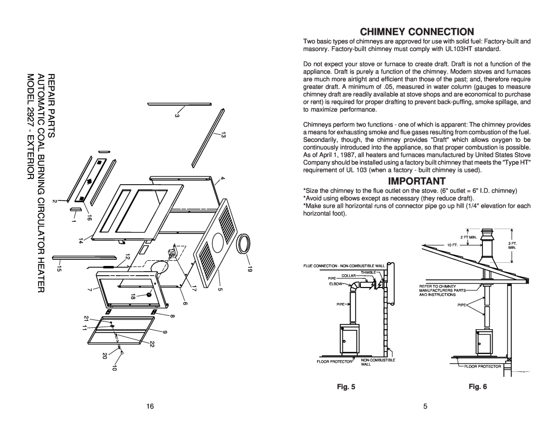United States Stove owner manual Chimney Connection, AUTOMATIC COAL BURNING MODEL 2927 - EXTERIOR, Repair Parts, Heater 