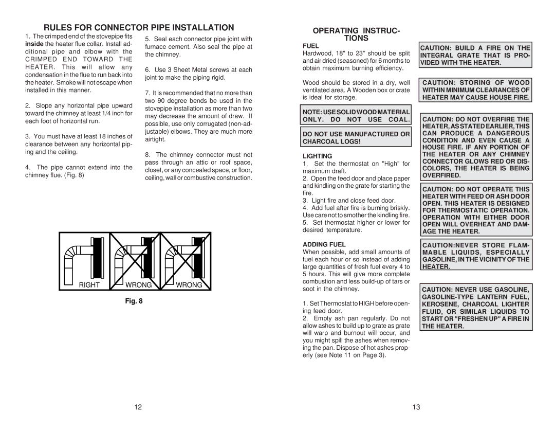 United States Stove 2931 Rules for Connector Pipe Installation, Set thermostat higher or lower for desired temperature 