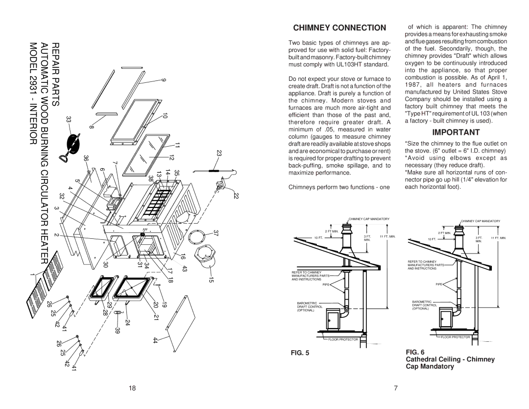 United States Stove 2931 owner manual Chimney Connection, Cathedral Ceiling Chimney Cap Mandatory 