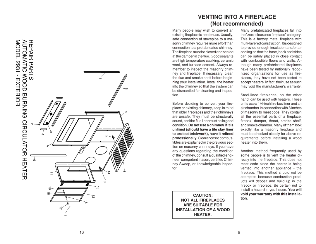 United States Stove 2931 owner manual Venting Into a Fireplace, Not recommended 