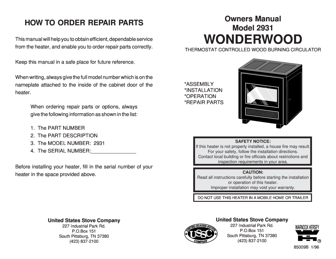 United States Stove 2931 owner manual How To Order Repair Parts, United States Stove Company, Wonderwood, Ussc 
