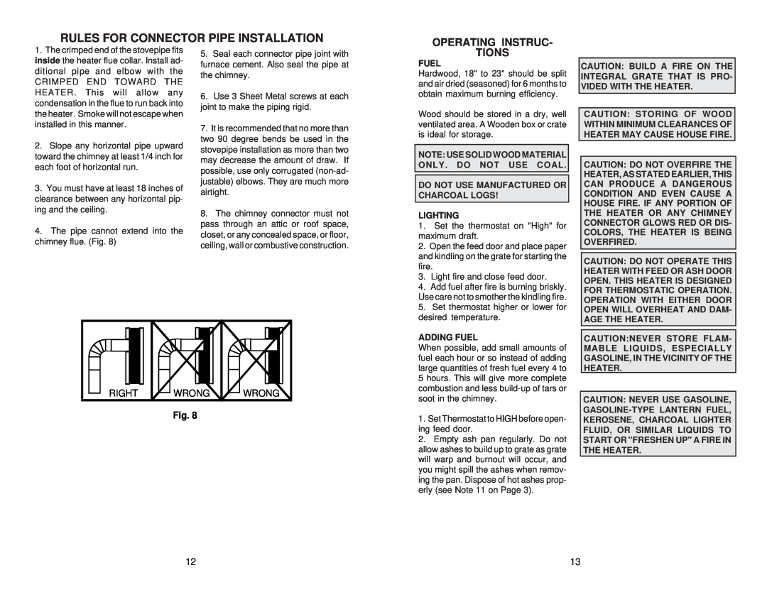 United States Stove 2931 owner manual Rules For Connector Pipe Installation, Operating Instruc, Tions, Right 