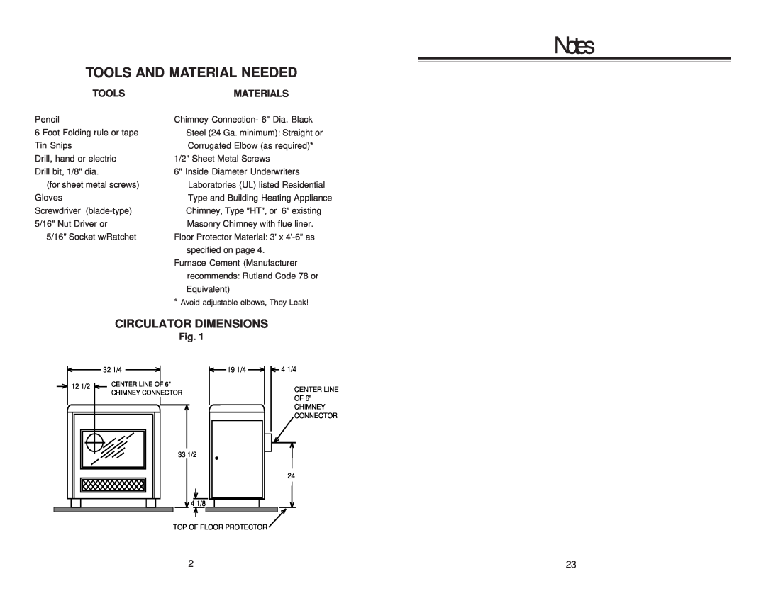 United States Stove 2931 owner manual Tools And Material Needed, Circulator Dimensions, Materials 